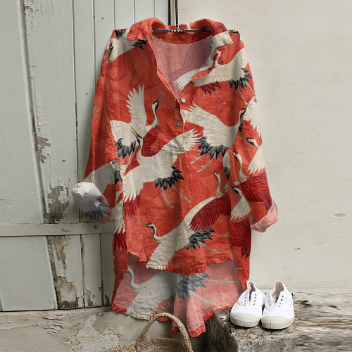Japanese Art Crane Print Lapel Long Sleeve Shirt