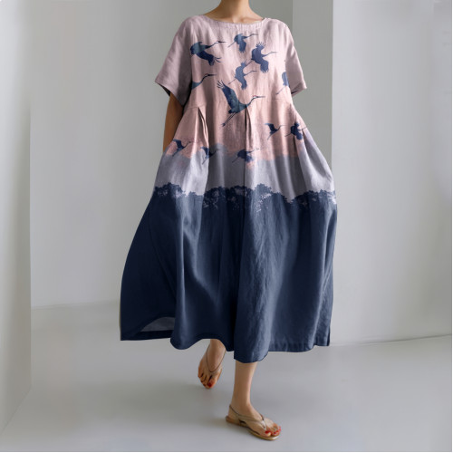 Japanese Art Crane Print Linen Blend Round Neck Dress