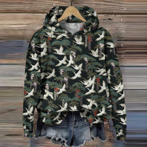 Japanese Art Crane Print Long Sleeve Casual Hoodie
