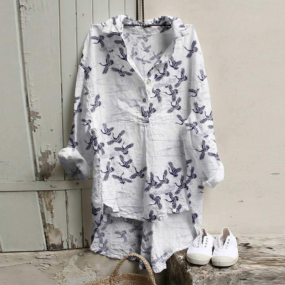 Japanese Art Crane Print Long Sleeve Casual Shirt
