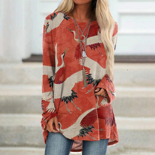 Japanese Art Crane Print Long Sleeve Casual Tunic