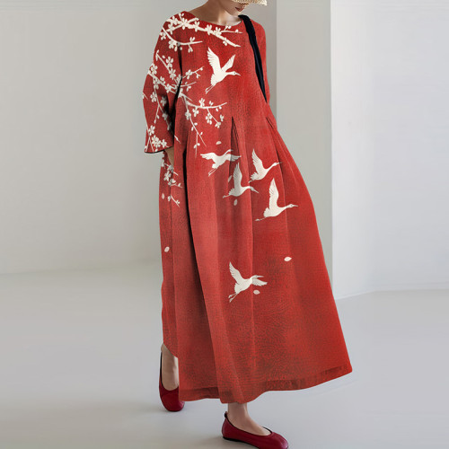 Japanese Art Crane Print Loose Midi Dress