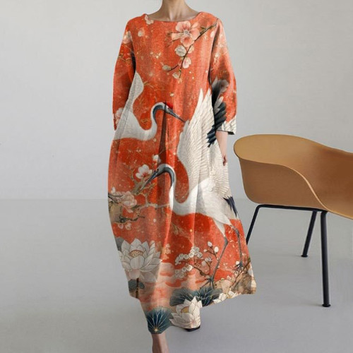 Japanese Art Crane Print Round Neck Casual Midi Dress