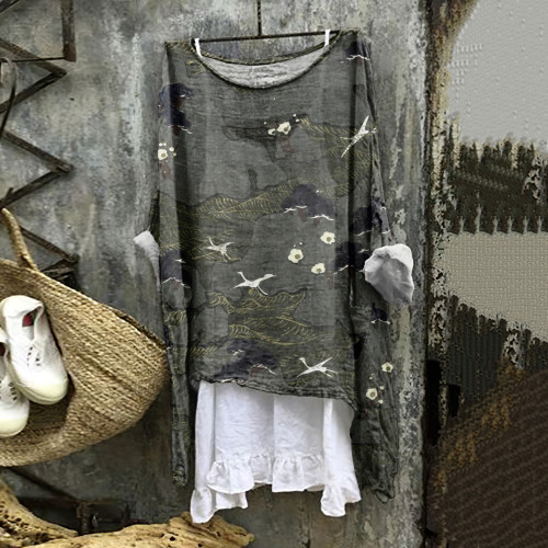 Japanese Art Crane Print Round Neck Loose Blouse