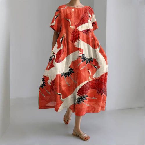 Japanese Art Crane Print Short Sleeve Casual Midi Dress