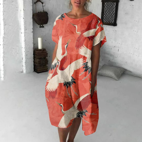Japanese Art Crane Print Short Sleeve Loose Midi Dress