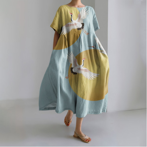 Japanese Art Crane Print Short Sleeve Midi Dress