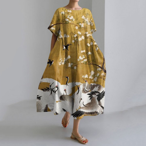 Japanese Art Crane Print Short Sleeve Midi Dress