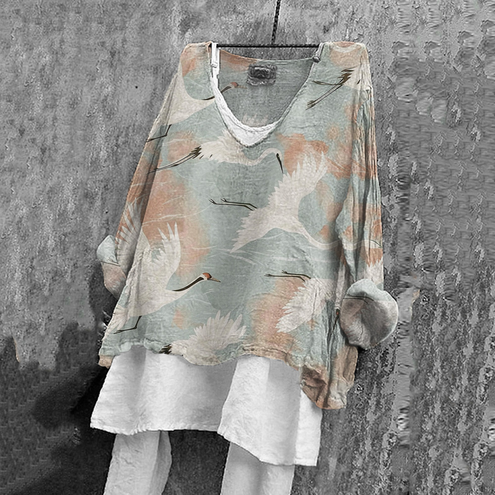Japanese Art Crane Print V-Neck Blouse