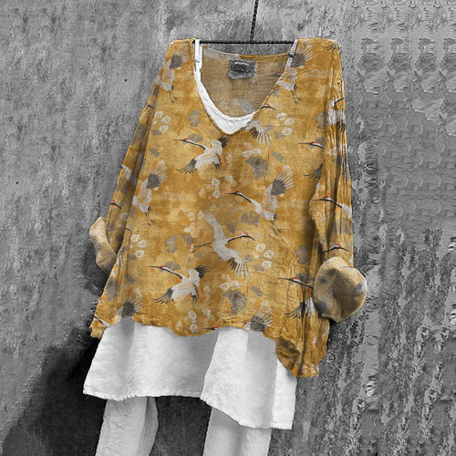 Japanese Art Crane Print V-Neck Casual Loose Linen Blend Blouse
