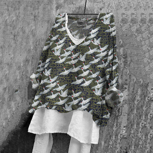 Japanese Art Crane Print V-Neck Linen Blend Casual Blouse