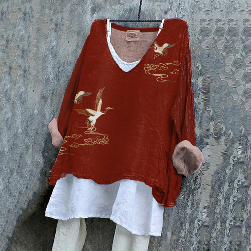 Japanese Art Crane Print V-Neck Loose Blouse