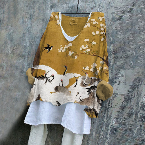 Japanese Art Crane Print V-Neck Loose Blouse