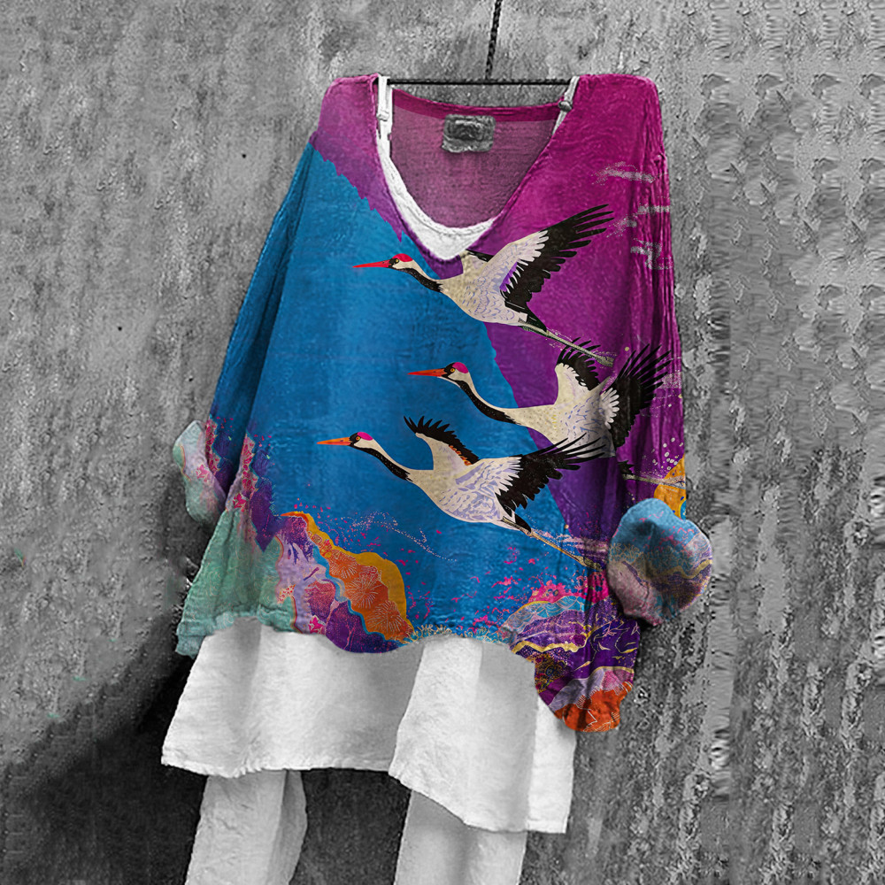 Japanese Art Crane Print V-Neck Loose Blouse