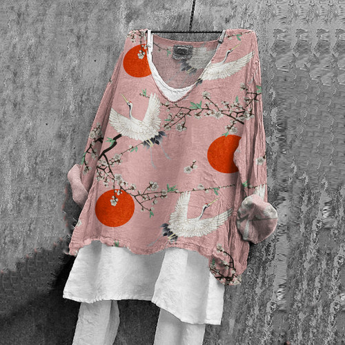 Japanese Art Crane Print V-Neck Loose Linen Blend Blouse