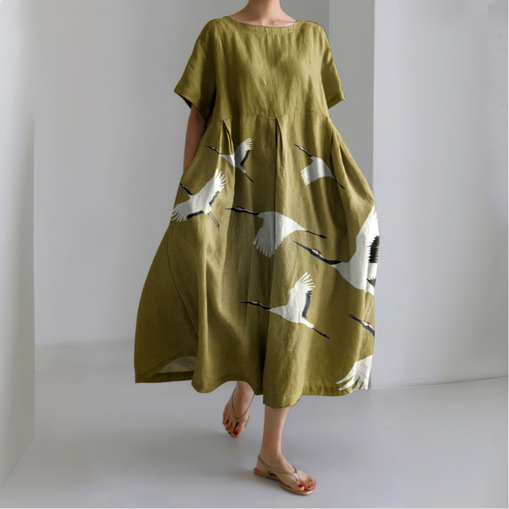 Japanese Art Crane Printed Crew Neck Casual Midi Dress