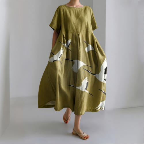 Japanese Art Crane Printed Crew Neck Casual Midi Dress
