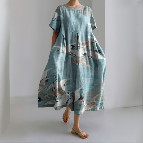 Japanese Art Crane Printed Loose Casual Midi Dress