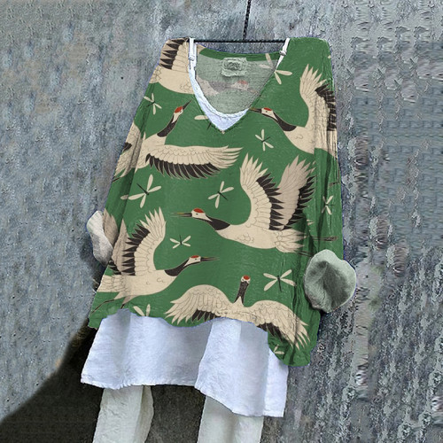 Japanese Art Crane & Dragonfly Print V-Neck Loose Blouse