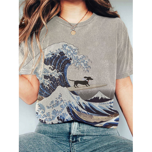 Japanese Art Dachshund Dog Print T-shirt