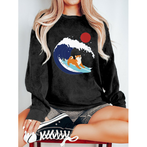 Japanese Art Dog Print Cotton Blend Sweatshirt