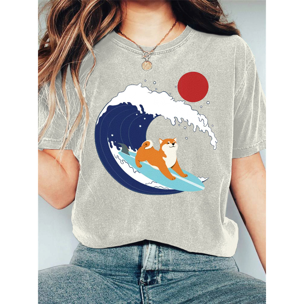 Japanese Art Dog Print Cotton Blend T-shirt