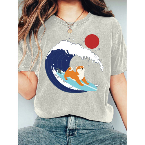 Japanese Art Dog Print Cotton Blend T-shirt