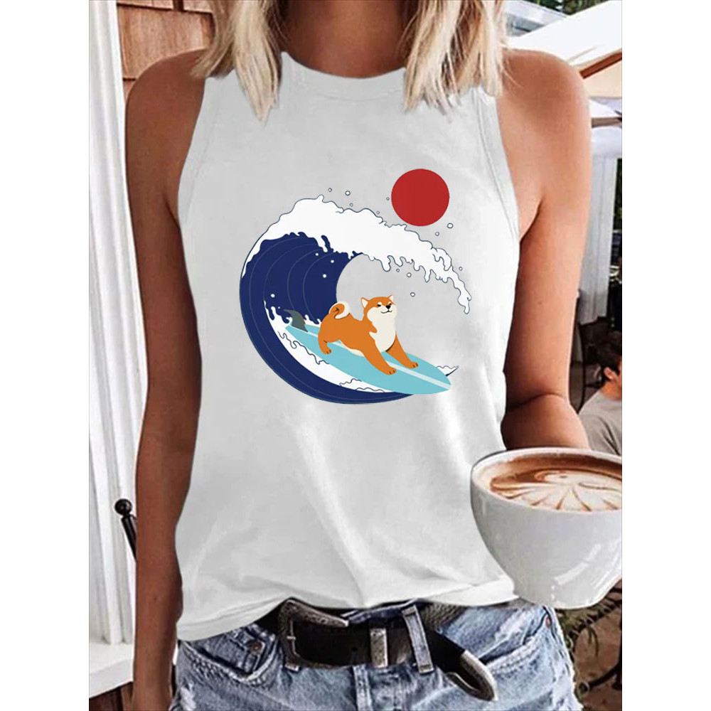 Japanese Art Dog Print Cotton Blend Vest