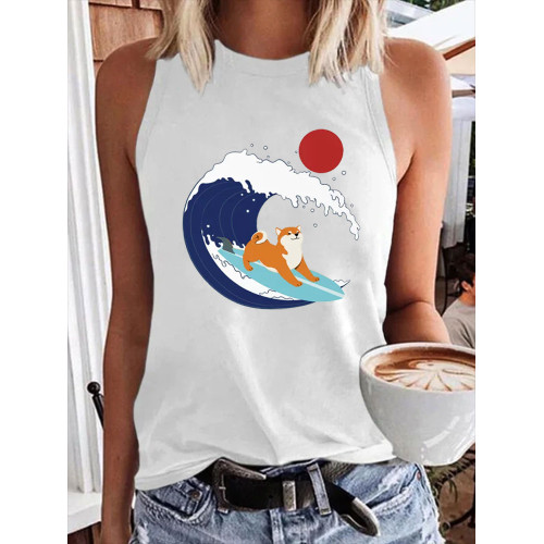 Japanese Art Dog Print Cotton Blend Vest