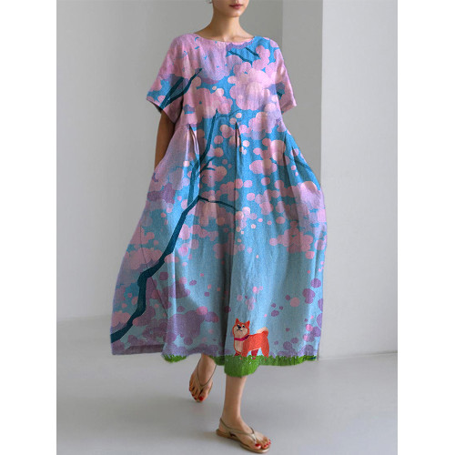 Japanese Art Dog Print Dress