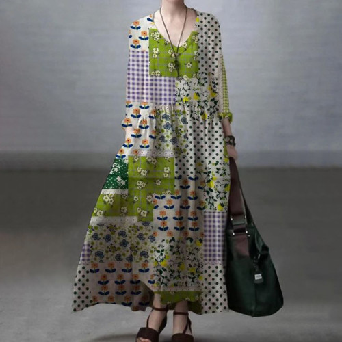 Japanese Art Elegant Floral Patchwork Print V-Neck Midi Dress