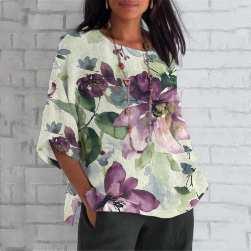 Japanese Art Elegant Floral Print Crew Neck Casual T-Shirt