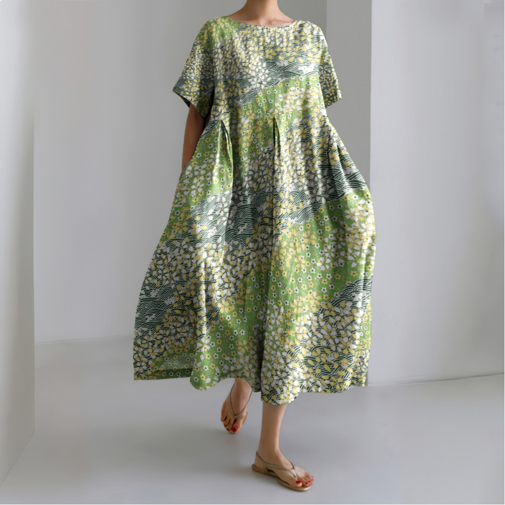Japanese Art Floral Chiyogami Painting Print Linen Blend Dress