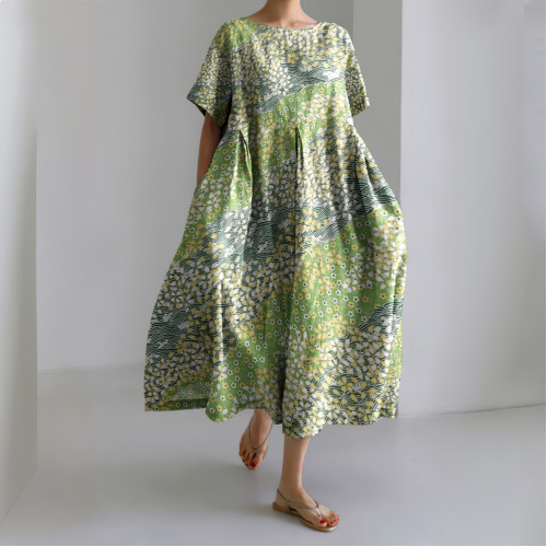 Japanese Art Floral Chiyogami Painting Print Linen Blend Dress