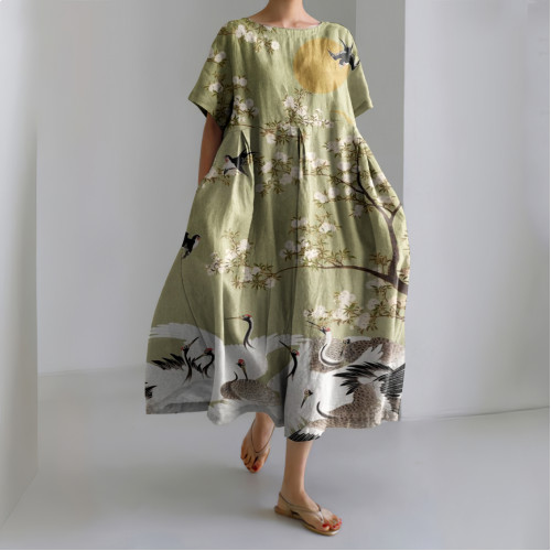 Japanese Art Floral Crane Printed Loose Casual Midi Dress