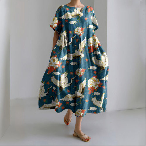 Japanese Art Floral Crane Printed Loose Midi Dress