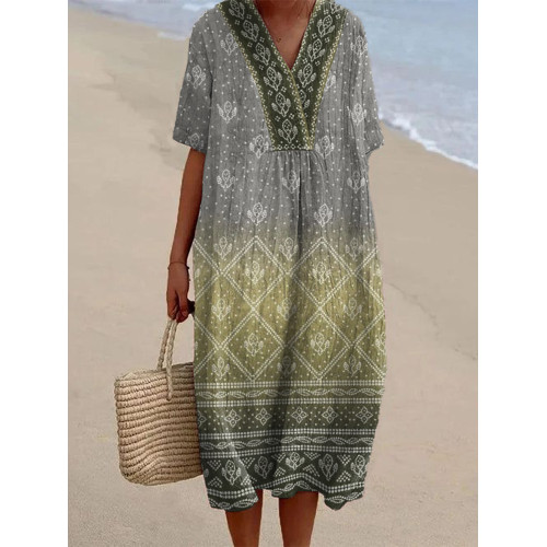 Japanese Art Floral Pattern Linen Blend Midi Dress