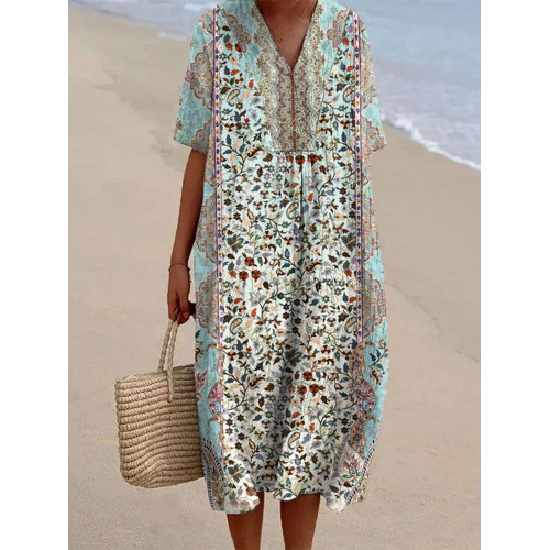 Japanese Art Floral Pattern Linen Blend Midi Dress