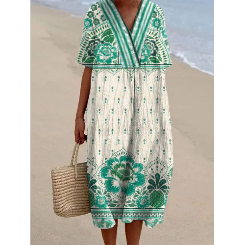 Japanese Art Floral Pattern Linen Blend Midi Dress