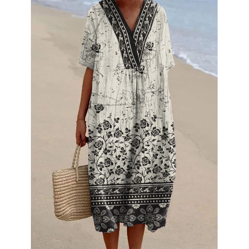 Japanese Art Floral Pattern Linen Blend Midi Dress