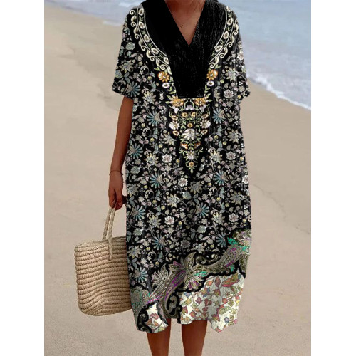 Japanese Art Floral Pattern Linen Blend Midi Dress