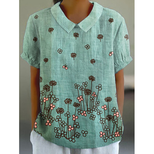 Japanese Art Floral Pattern Linen Blend Shirt