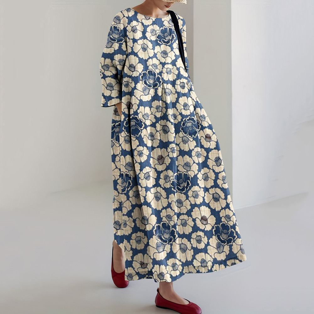 Japanese Art Floral Print Linen Blend Casual Midi Dress