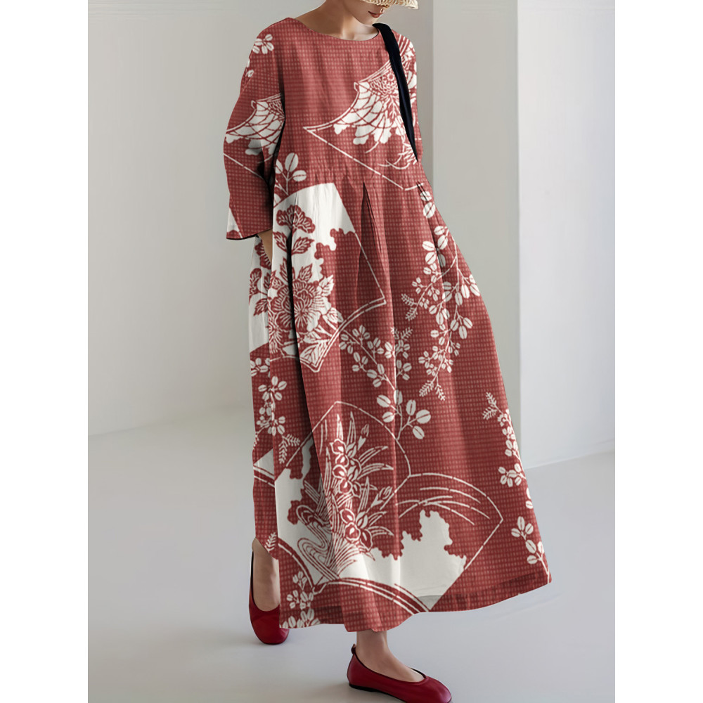 Japanese Art Floral Print Linen Blend Loose Midi Dress