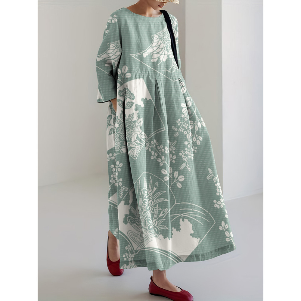 Japanese Art Floral Print Linen Blend Loose Midi Dress