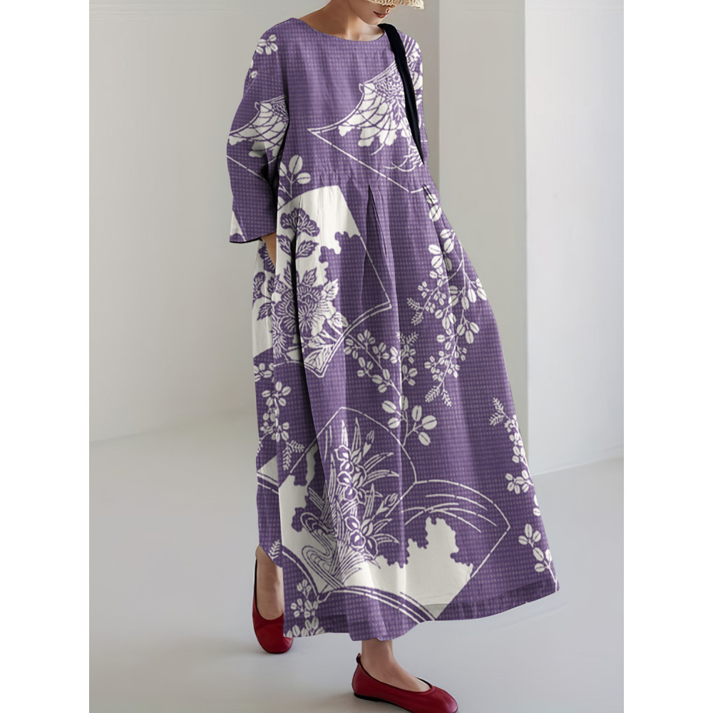 Japanese Art Floral Print Linen Blend Loose Midi Dress
