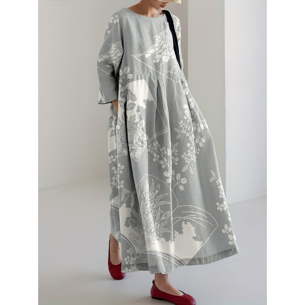 Japanese Art Floral Print Linen Blend Loose Midi Dress