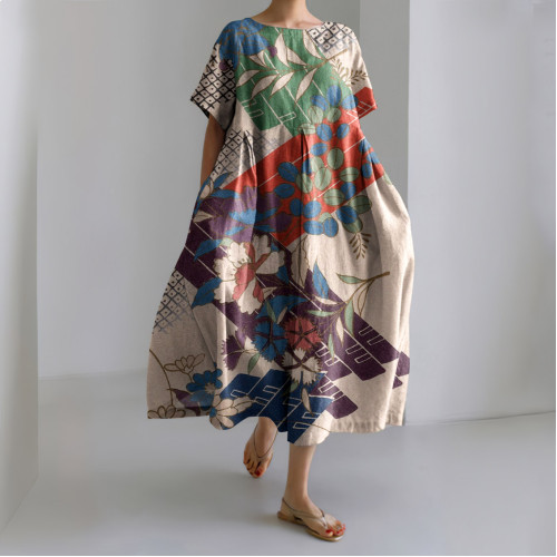 Japanese Art Floral Print Short Sleeved Loose Midi Dress