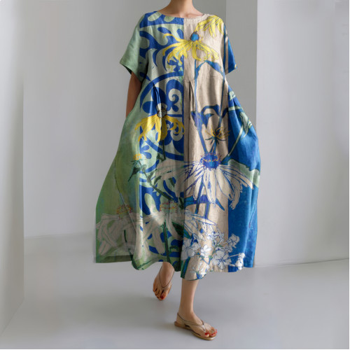 Japanese Art Floral Printed Crew Neck Casual Midi Dress