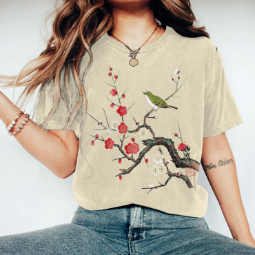 Japanese Art Flower And Bird Print Round Neck Short Sleeved T-Shirt